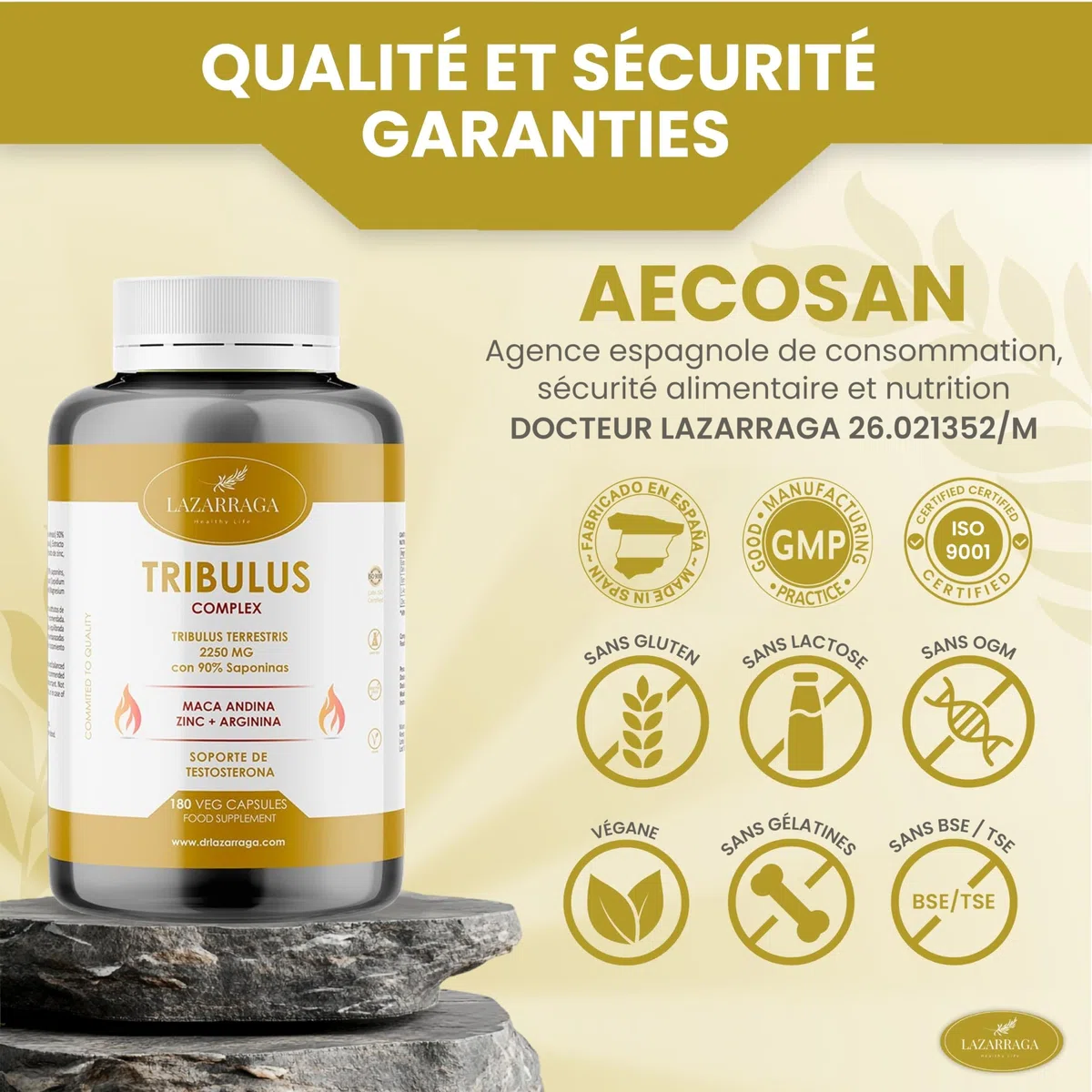 TRIBULUS TERRESTRIS PUISSANT 4 EN 1 avec Maca Andine + Arginine + Zinc | Complément contre la fatigue pour hommes | Force et énergie | 90% de saponines | 180 gélules véganes | 2 mois | Lazarraga