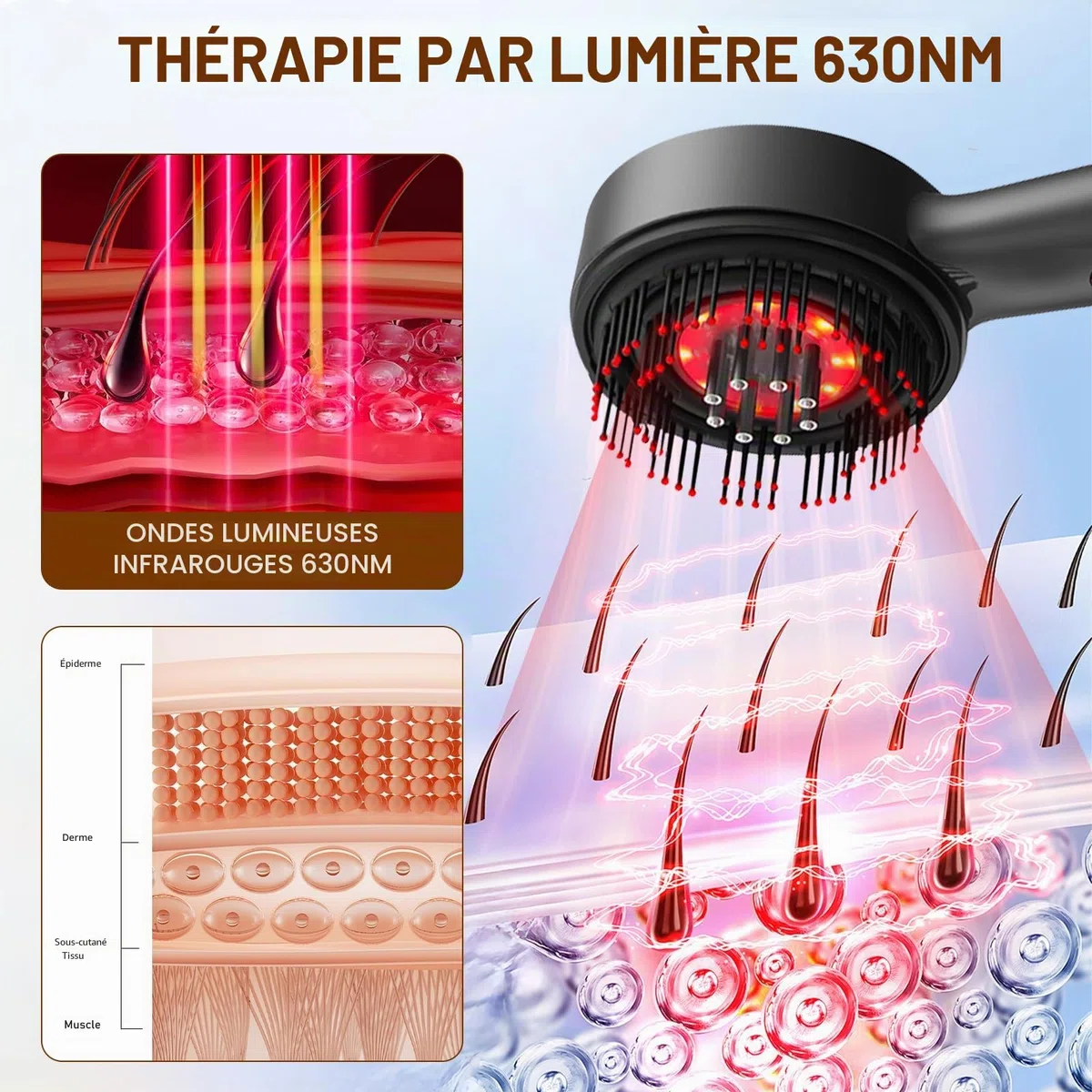 Brosse Massage Cuir Chevelu, Masseur de Tête Électrique, Scalp Massager Applicateur Huile Cheveux avec Lumière Rouge, 3 Modes de Massage, Étanchéité IPX7, pour Détente du Cuir Chevelu (Gris)