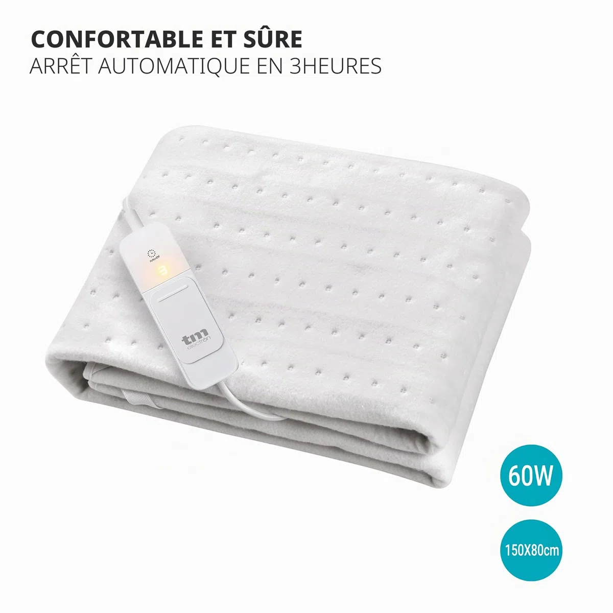 TM Electron Surmatelas Chauffant électrique pour lit Simple 60 W avec 3 Niveaux de température et arrêt Automatique. Dimensions : 150 x 80 cm, Blanc