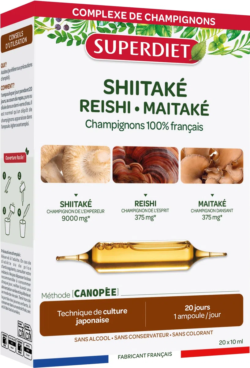 Shiitaké Reishi Maitaké - Champignons 100% français - Immunité - Ampoules | Cure 20 ampoules 10ml-Shiitaké 9000mg, Reishi 375mg, Maitaké 375mg-Méthode culture Japonaise-Fabrication Française-Superdiet