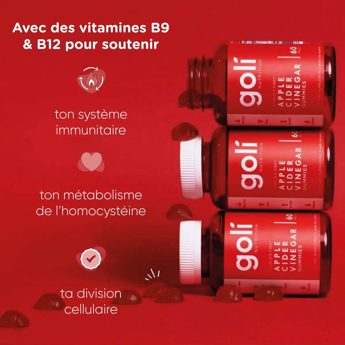 Goli Nutrition, Apple Cider Vinegar Gummies (Gommes au Vinaigre de Cidre), 500mg, 60 Gommes végétaliennes, Sans Gélatine, Sans Gluten, Végétarien, Sans OGM