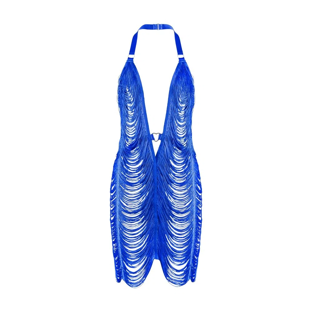 ITODA Robe Moulante en Résille pour Femme Robe Courte sans Manche Dos Nus Lingerie Sexy avec Franges Nuisette Érotique Col V Chemise de Nuit Transparente Tenue Sexy pour Club Soirée Cocktail Festival