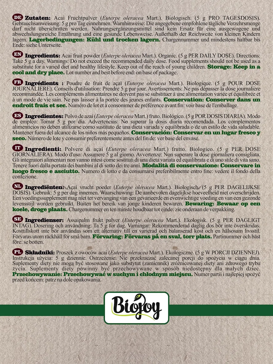 Biojoy Açaï en Poudre BIO (250 g), Poudre de Baies d’Acai lyophilisé (Euterpe oleracea Mart.)
