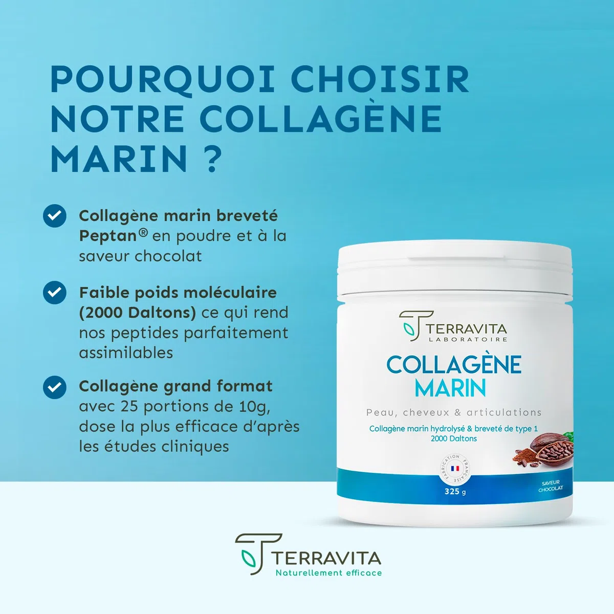 COLLAGÈNE MARIN Breveté en Poudre | 325 Grammes de Peptides de Collagène Purs de Type 1 | Articulations Souples, Peau Lisse et Hydratée | Goût Chocolat | Filière 100% Française | Terravita