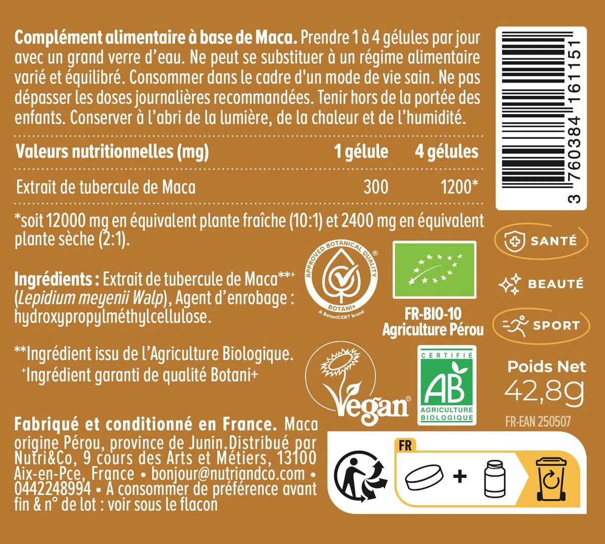 NUTRI & CO Maca Noire BIO du Pérou Hautement Dosé 10:1 – Extrait naturel 100 % Pur Labellisé Botani+ – Force, Énergie, Équilibre Hormonal – 120 Gélules Vegan – Fabriqué en France