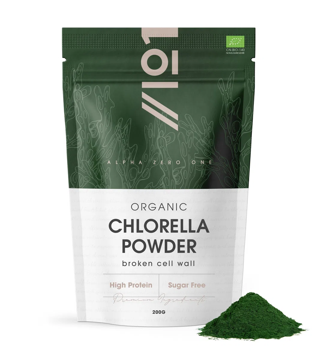 Poudre de chlorella bio 200 g - Paroi cellulaire cassée - Complément alimentaire pur sans additifs - Sachet refermable et recyclable - par Alpha01