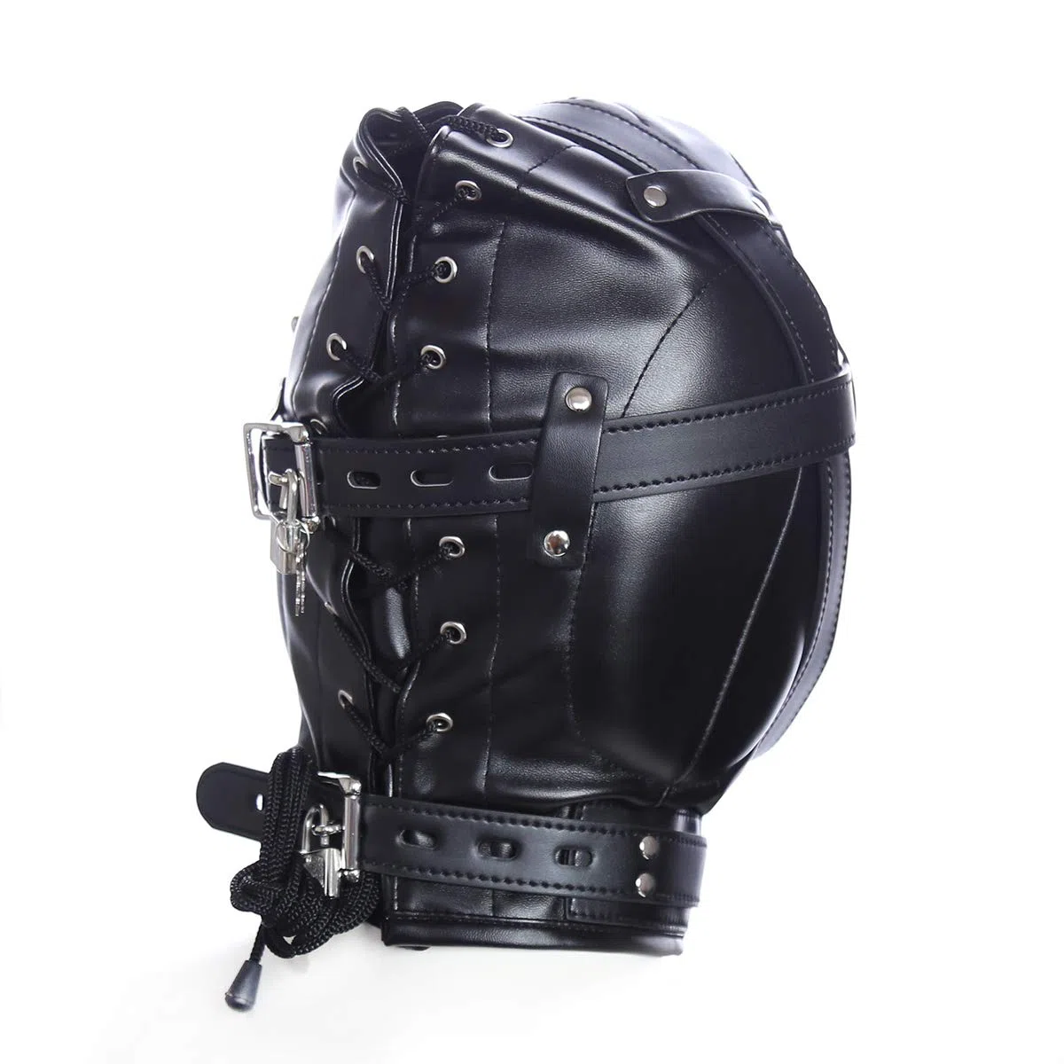 Noir Masque de tête unisexe Bondage Fétiche SM Cuir avec ouverture de bouche Cuir Tous les masques inclus Jouets sexuels Bandeau pour les yeux avec serrure pour les couples Cosplay Réglable Fétiche