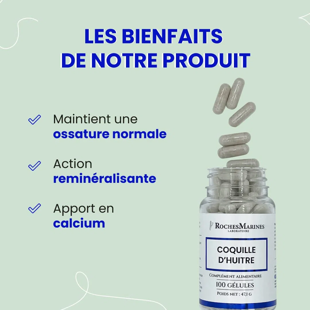 Roches Marines - Complément alimentaire Coquille d'huître - Apport en calcium naturel - Capital osseux - Confort osseux - 100 gélules - Développé en France