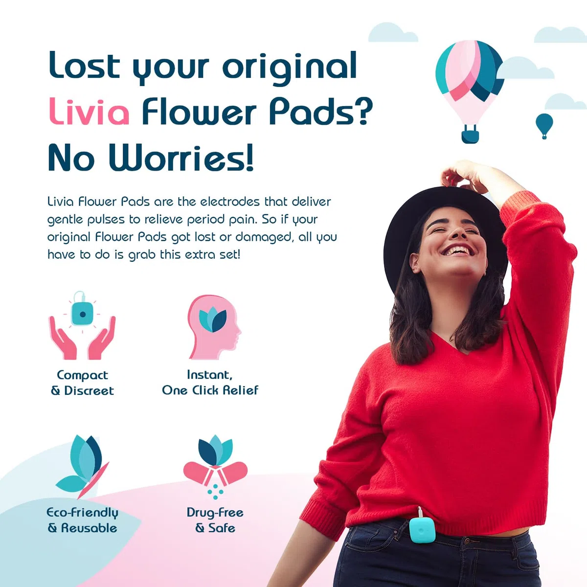Livia Flower Pads| Le bouton stop pour les règles douloureuses| Soulagement des douleurs menstruelles et d'endométriose| sans médicament| Accessoire pour l'appareil Livia - 1 paire d'électrodes