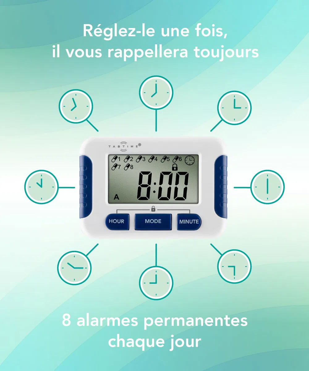 TabTime Timer (mode d'emploi en Français), Multi-alarmes de rappel à medicaments, jusqu'à 8 alarmes journalières, outil indispensable pour les personnes atteintes de Parkinson