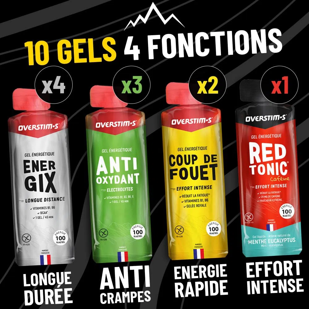Overstim.s – Pack 10 gels - 4 gels Energix (Energie longue distance) - 3 gels Antioxydants (Limite les crampes) - 2 gels Coup de fouet (Energie instantanée) - 1 gel Red tonic (Efforts intenses)