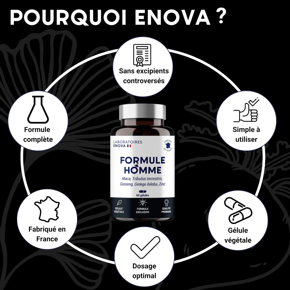 FORMULE HOMME | Vigueur, Puissance, Endurance | Complexe de Plantes : Maca, Tribulus Terrestris, Ginseng, Ginkgo Biloba, Zinc | 60 Gélules | Fabriqué en France | Complement alimentaire