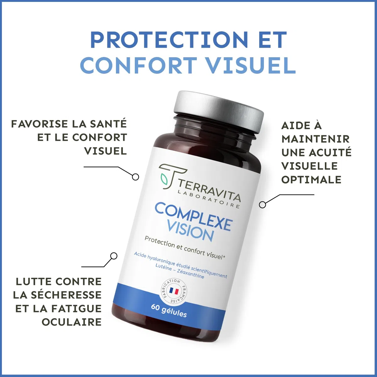 COMPLEXE VISION | Complément Alimentaire Yeux Secs et Fatigués | Acide Hyaluronique Breveté, Lutéine, Zéaxanthine, Myrtille, Vitamines et Zinc Bisglycinate | 60 Gélules | Made in France | Terravita