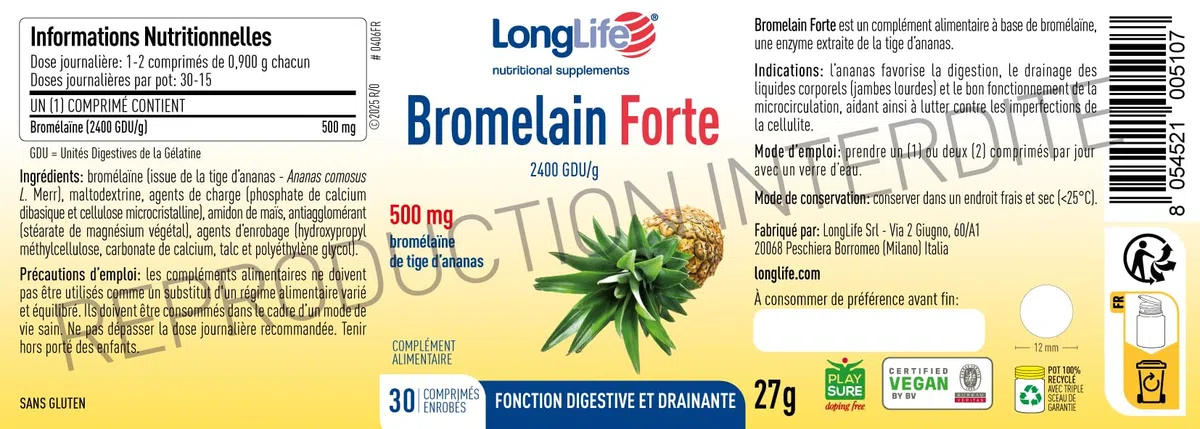 LongLife® Bromelain Forte | Haute concentration 2400 GDU/g | Bromélaïne issue de la tige d’ananas | Drainage jambes et digestion | Haute teneur en enzymes | 30 comprimés enrobés | Sans gluten et végan