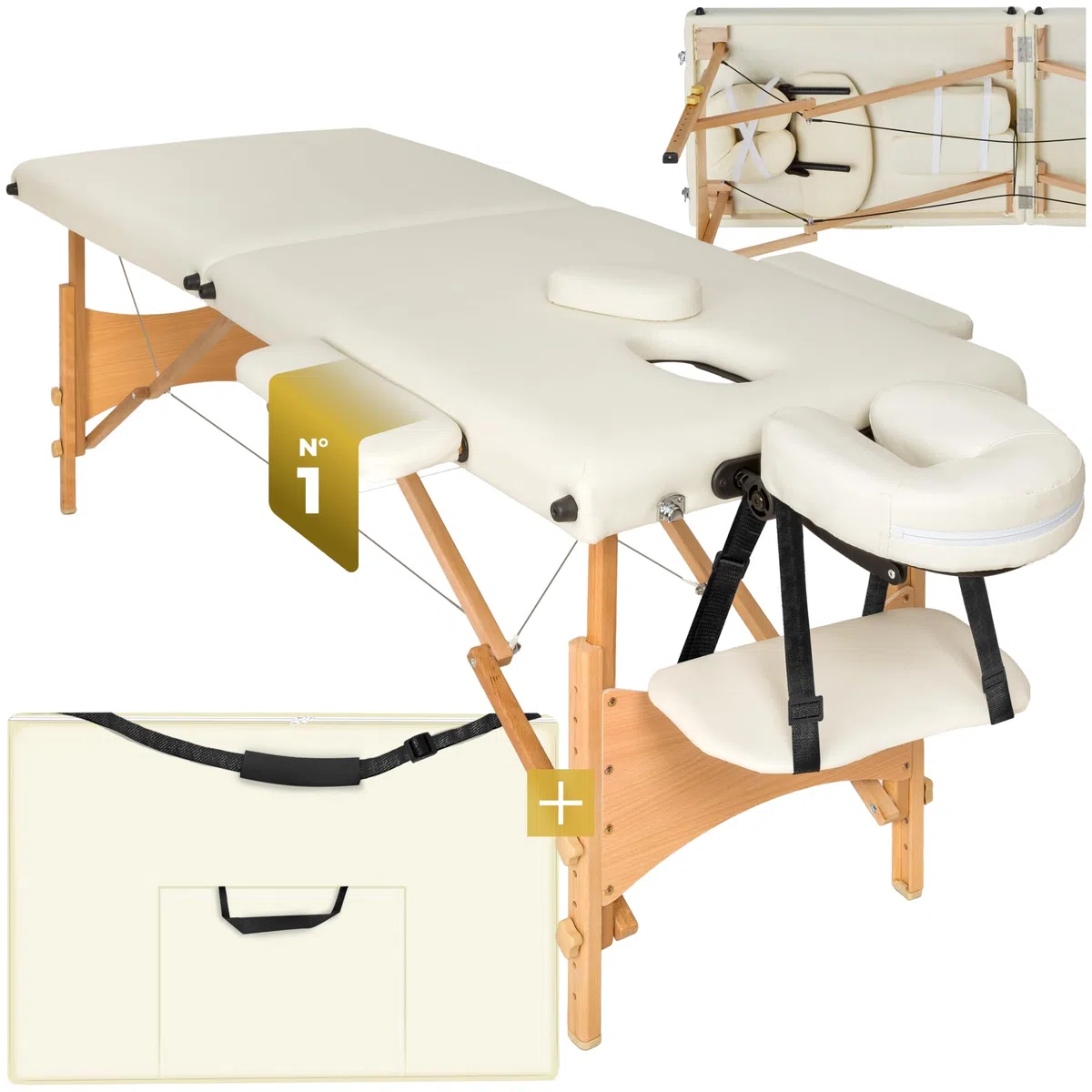 tectake Table de Massage 2 Zones Pliante Cosmetique Lit de Massage Table Esthetique Tatouage Portable avec Repose Bras, Housse de Transport Incluse - Beige