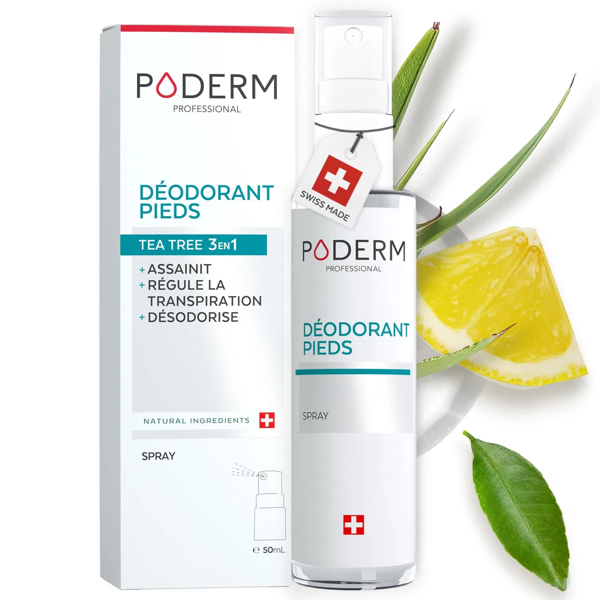 PODERM Spray Désodorisant Anti Odeur - 50 ML | Tea Tree, Menthe et Citron | Régule la Transpiration pour un Effet Frais | Soin Professionnel Pied | Facile & Rapide | Créé par une Podologue en Suisse