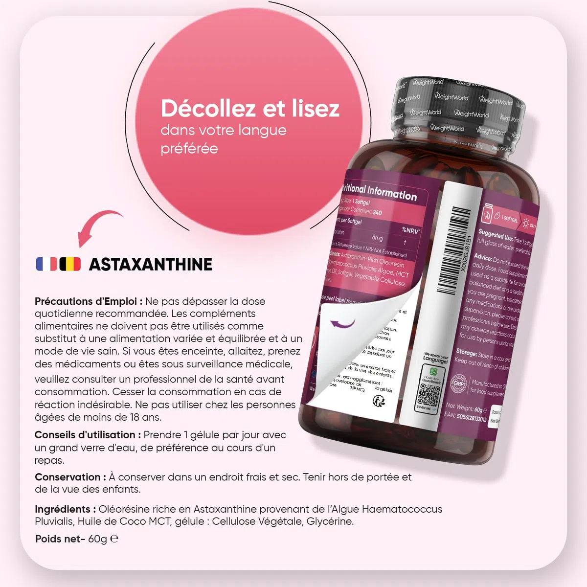 Astaxanthine Naturelle, 240 Gélules Molles Vegan pour 8 Mois, Issue d'Algue Marine Haematococcus Pluvialis Astaxanthine Vegan, sans Gluten et sans Stéarate de Magnésium