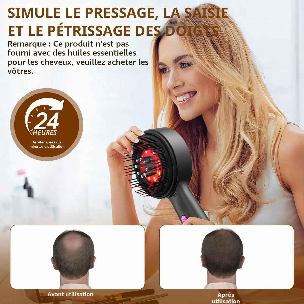 Brosse Massage Cuir Chevelu, Masseur de Tête Électrique, Scalp Massager Applicateur Huile Cheveux avec Lumière Rouge, 3 Modes de Massage, Étanchéité IPX7, pour Détente du Cuir Chevelu (Gris)