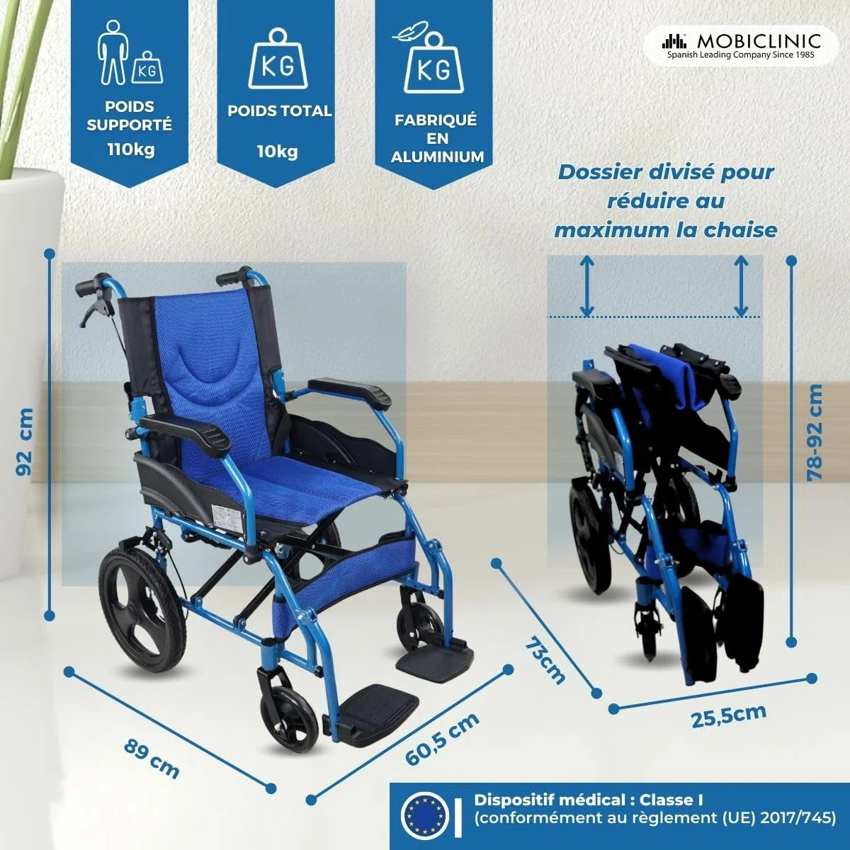 Mobiclinic, Fauteuil roulant de transit, Mod pirámide, Aluminium, Pliable, Frein sur poignées, Pour personnes âgées, Repose-pieds, Accoudoirs, Léger, Siège 46 cm,