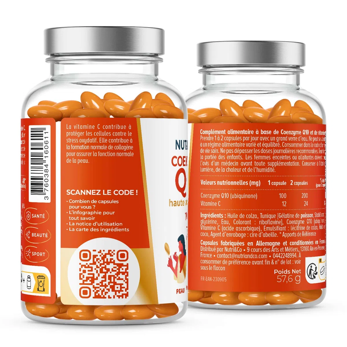 NUTRI & CO Coenzyme Q10 Ubiquinone 200mg + Vitamine C - Complément Alimentaire Peau Anti-Âge et Anti-Rides - Santé Cardiovasculaire - 120 Capsules Haute Absorption - Conditionné en France
