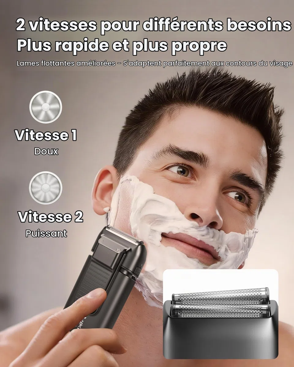 Rasoir Électrique Homme, Foil Shaver, Double Grille Flexible, IPX6 Étanche, 2 Vitesses, Écran LED, Recharge USB, Rasage Wet & Dry, Rasoir Barbe Portable avec Verrouillage Voyage