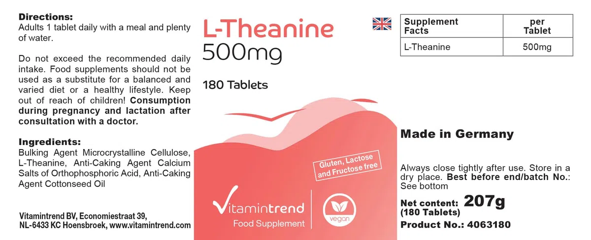 Vitamintrend L-Théanine haute dose 500 mg, 180 comprimés, acide aminé, complément alimentaire végan sans additifs, fabriqué en Allemagne