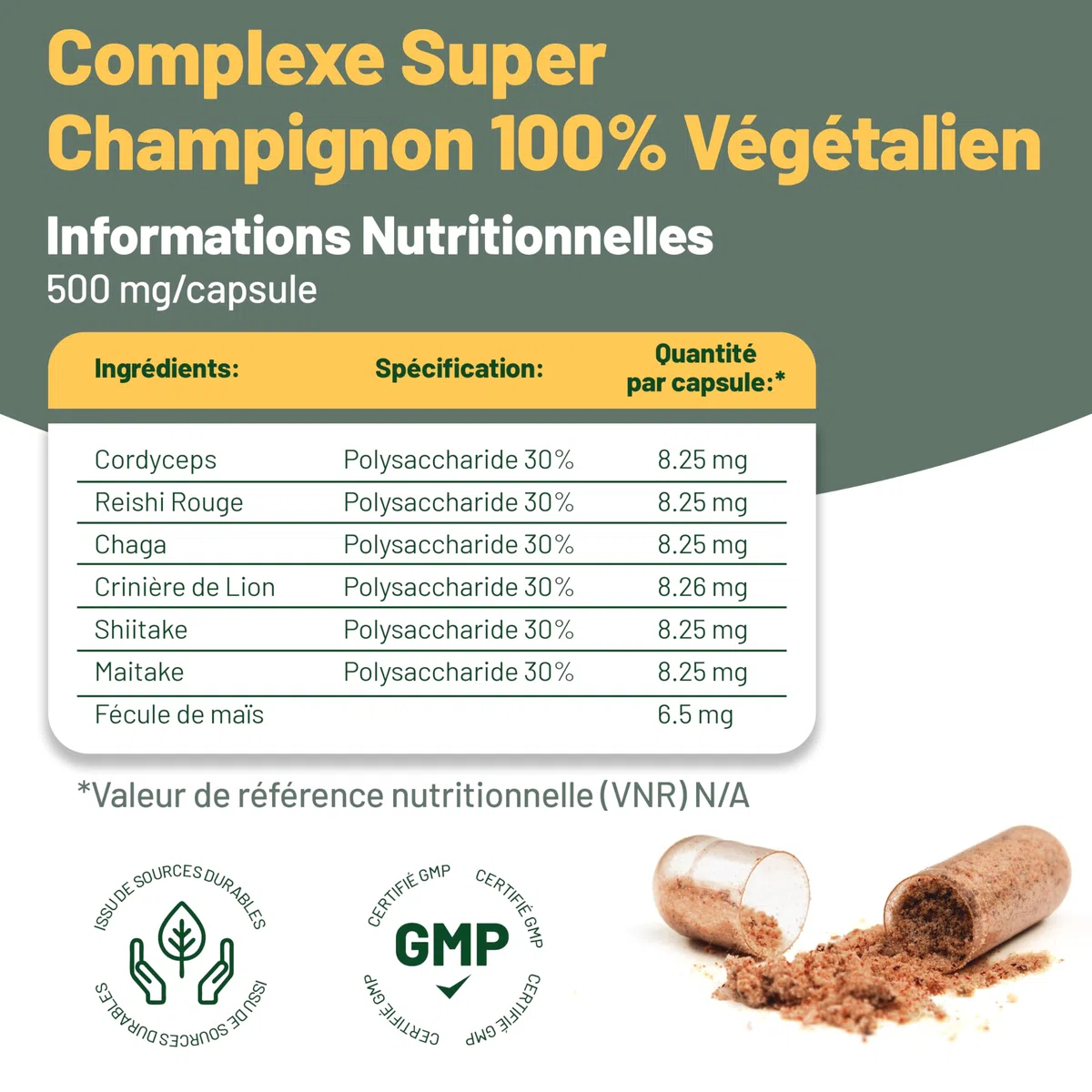 Suppléments à base de 6 champignons – Reishi, Lions Mane, Cordyceps, Chaga, Shitake and Maitake. 120 Capsules.