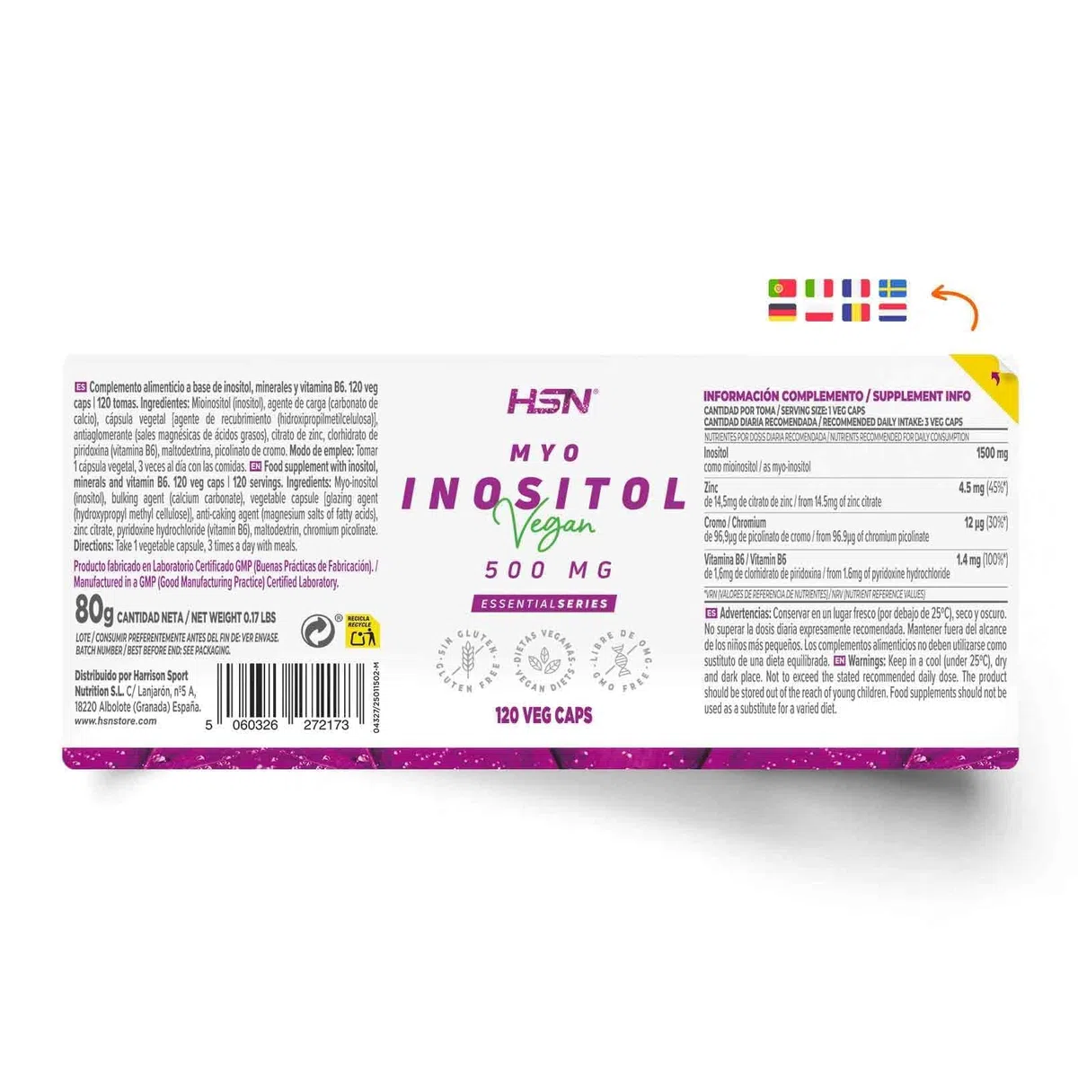 HSN Inositol 500mg (Myo-Inositol) | PACK 2x 120 Gélules Végétales + Pilulier Hebdomadaire | 1500 mg/jour de Myo-Inositol | Teneur Élevée en Zinc, Chrome, B6 | Sans OGM, Végan, Sans Gluten