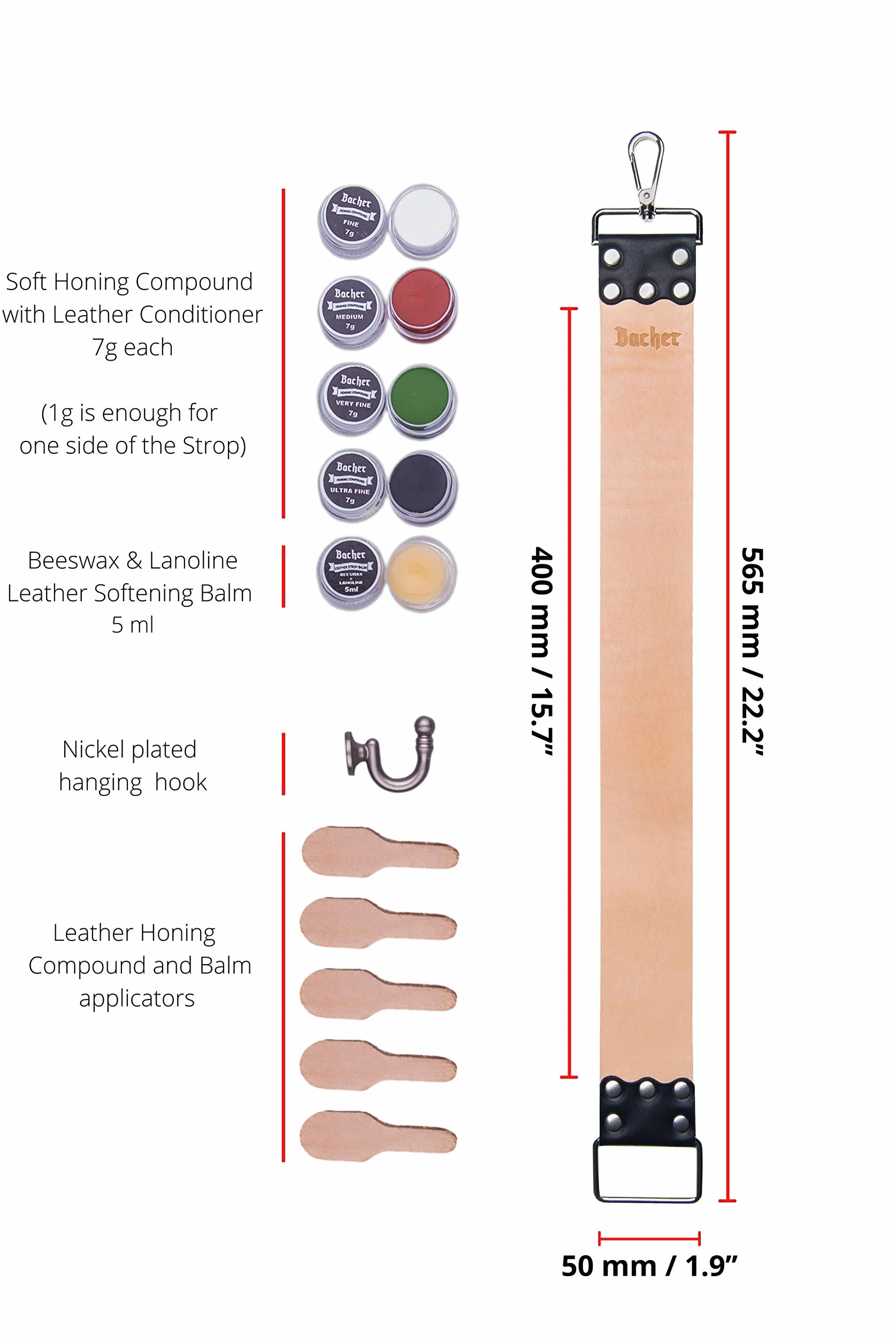 Bacher Strop en Cuir pour Rasoir kit avec composés (Regular: 56.5x5 cm)