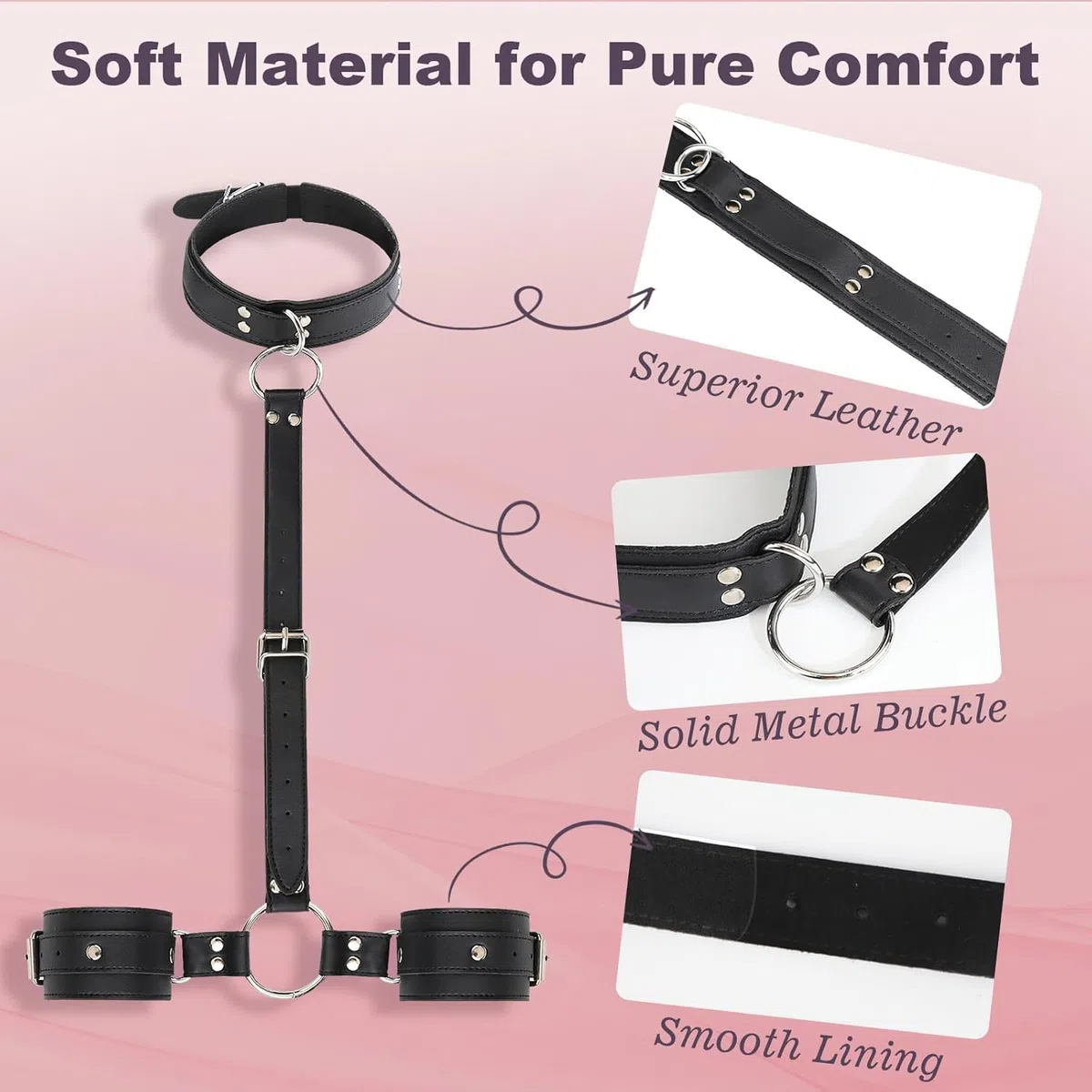 Ensemble de Bondage en Cuir Noir, Collier et Menottes Réglables, Kit de Contrainte pour Couples