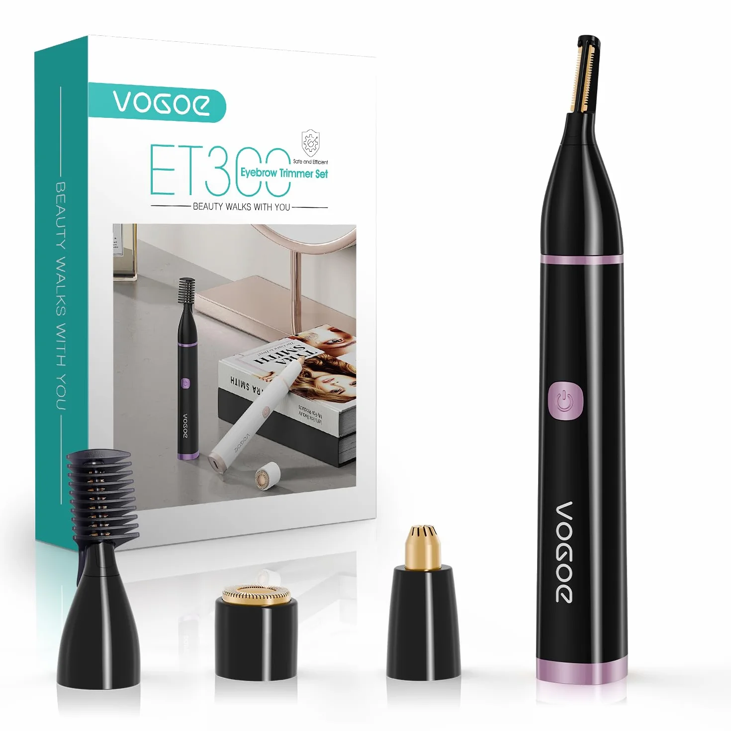 VOGOE Épilateur Visage Femme 3-en-1, Tondeuse à Sourcils Électrique Indolore, Rechargeable et Étanche avec Peigne, pour Sourcils, Lèvre Supérieure, Menton et Joues (Noir)