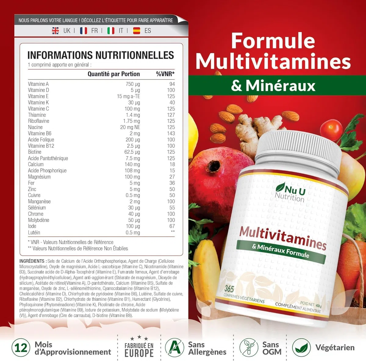Multivitamines et Minéraux - 365 Comprimés (12 Mois) - 25 Nutriments dont Vit A B C D Fer Zinc Magnesium - Complément Alimentaire Homme et Femme - Vitamines, Minéraux et Compléments - Nu U Nutrition