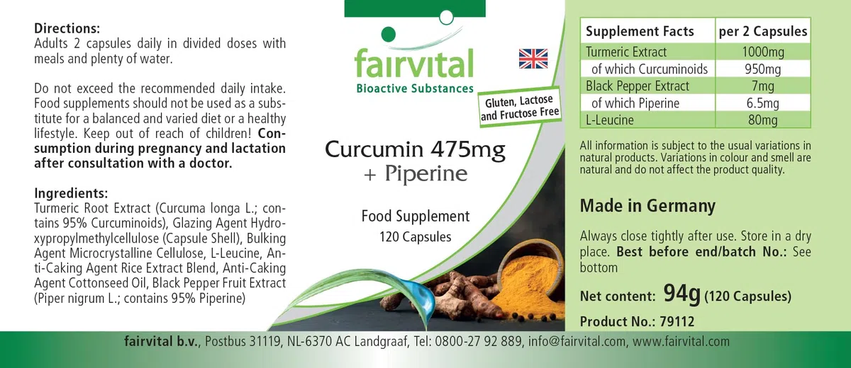 fairvital Gélules de curcuma, 500mg d'extrait de curcuma par gélule, 120 gélules, HAUTEMENT DOSÉES, curcumine 95% avec biopérine (pipérine)