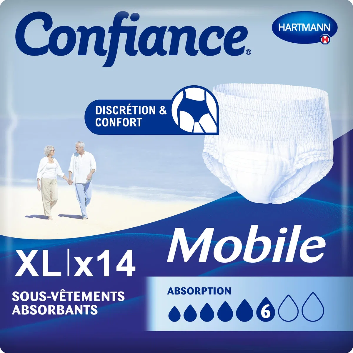 Confiance Mobile - Slips Absorbants pour Hommes et Femmes - Niveau d'Absorption = 6 gouttes (Fuites Urinaires Moyennes) - Discrets et efficaces - pH Neutre à la Peau - Taille XL - 14 Unités
