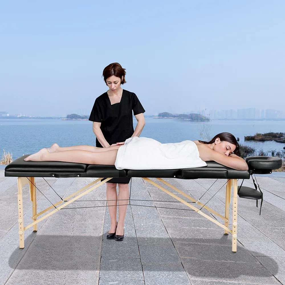 Abician Table de Massage Pliante Réglable en 8 Hauteurs Table de Massage Portable 3 Sections Pieds en Bois Massif Dossier Têtière Repose-Bras Hamac 213 x 82 x 85,5 cm Noir