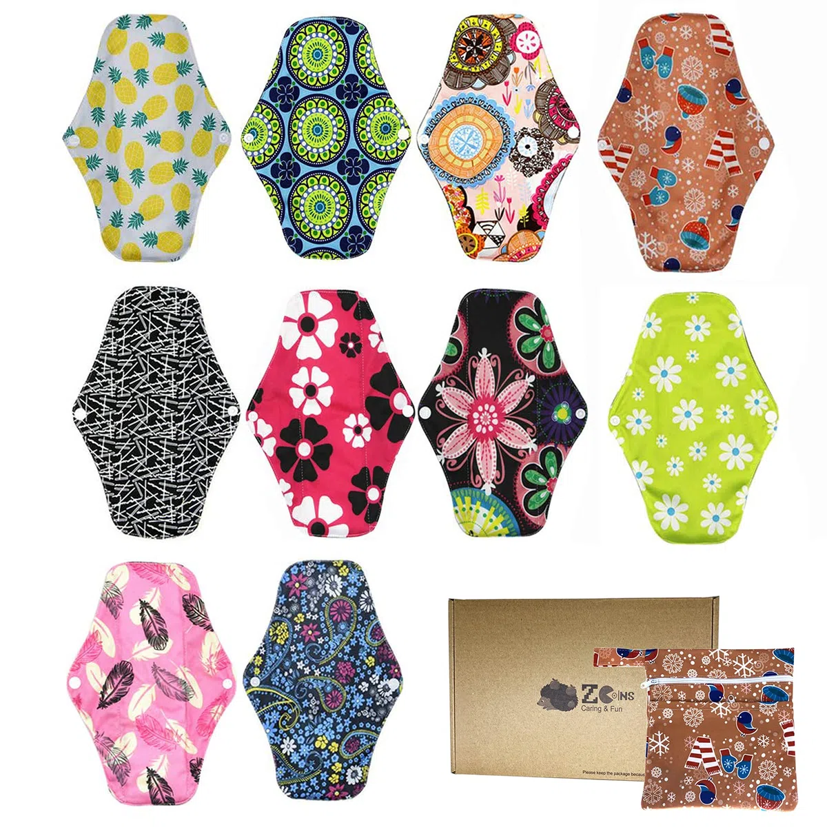 Serviettes Hygiéniques Lavables Réutilisables 10 Pack - Taille M (26cm) Flux Modéré, Bambou Confortable + PUL Imperméable, Protection Périodique Durable, Sac Étanche Inclus