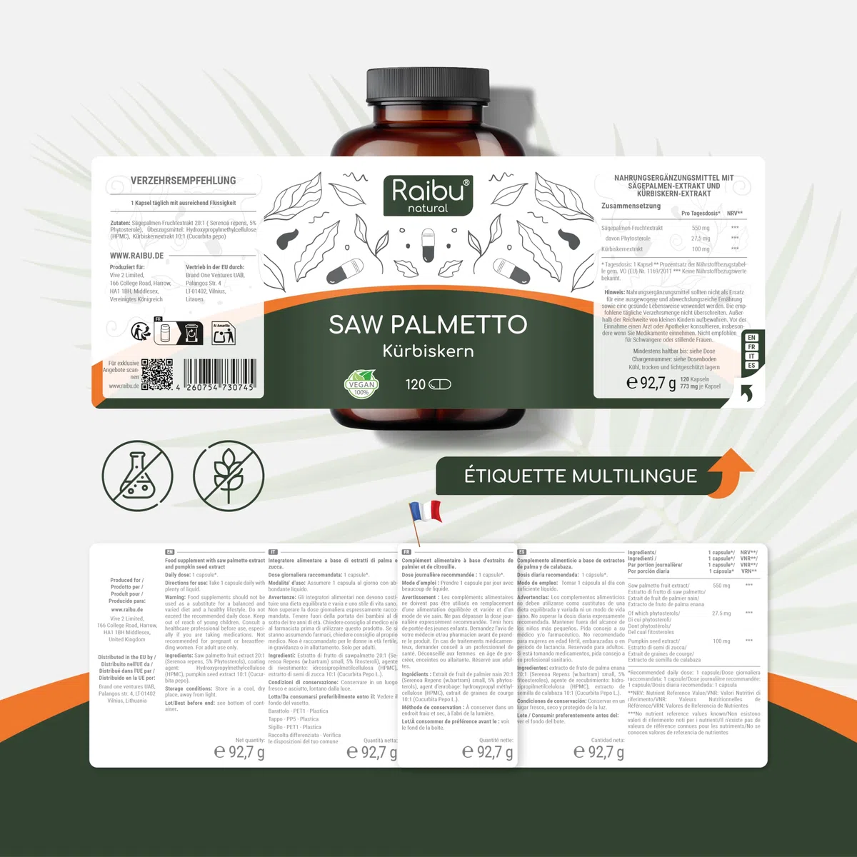 Saw Palmetto - Haute Teneur: 11000 mg de Palmier Nain par Gélule (20:1), avec Graines de Courge - 120 Gélules de Palmier Nain pour 4 Mois d’Utilisation - Végan & Sans Additifs - Raibu