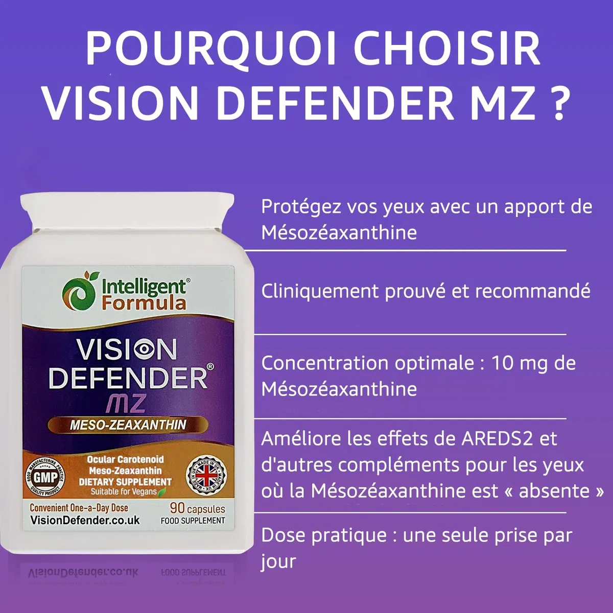 Supplément méso-zéaxanthine pour les yeux: VISION DEFENDER MZ - Protéger et améliorer la santé oculaire, méso-zéaxanthine antioxydant caroténoïde de haute résistance pour les yeux (90 gélules)
