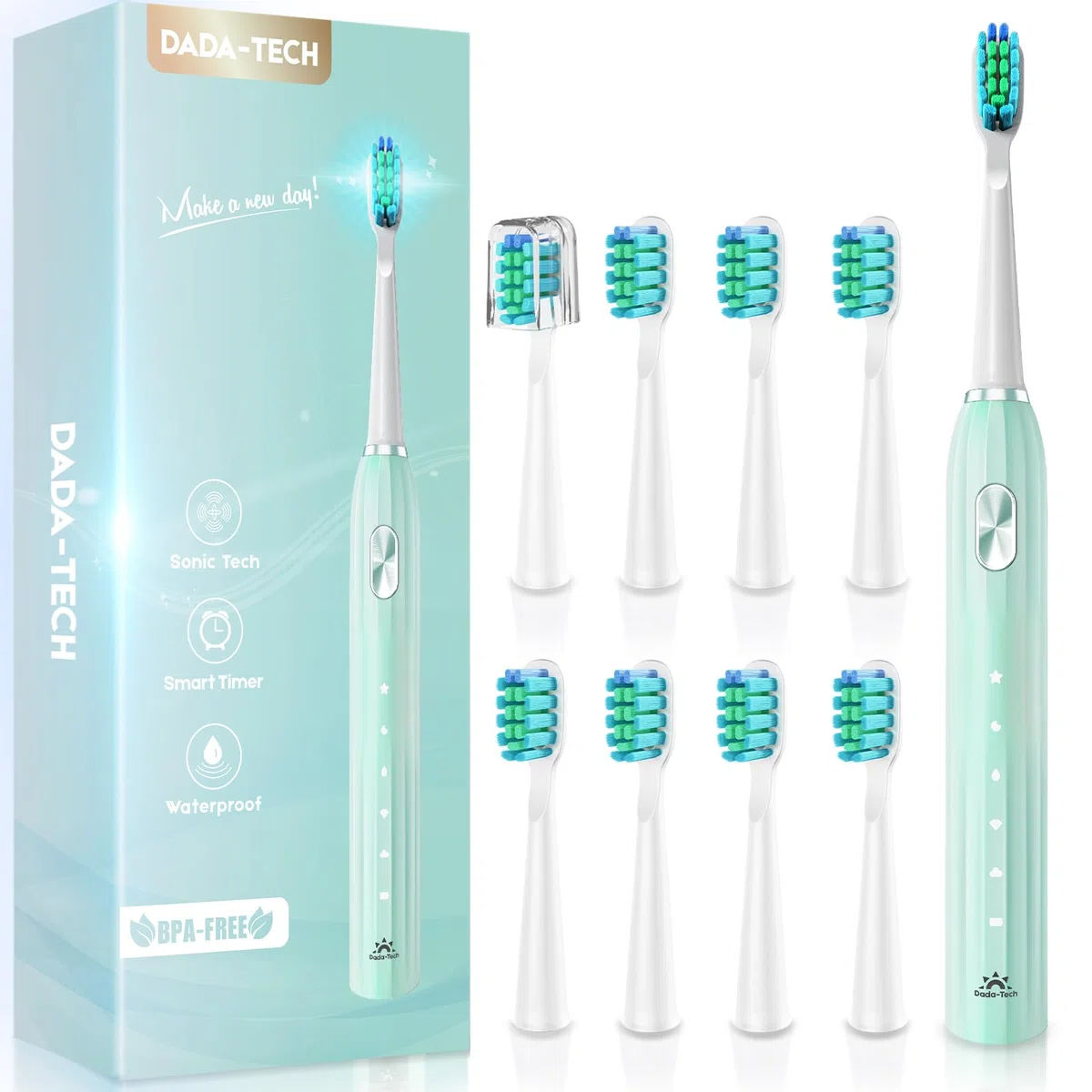 Brosse à Dents Électrique Soniques, Brosse a Dents Électrique pour Adultes et Enfants avec 5 Modes, Minuterie Intégrée et 9 Têtes Electric Toothbrush (Vert)