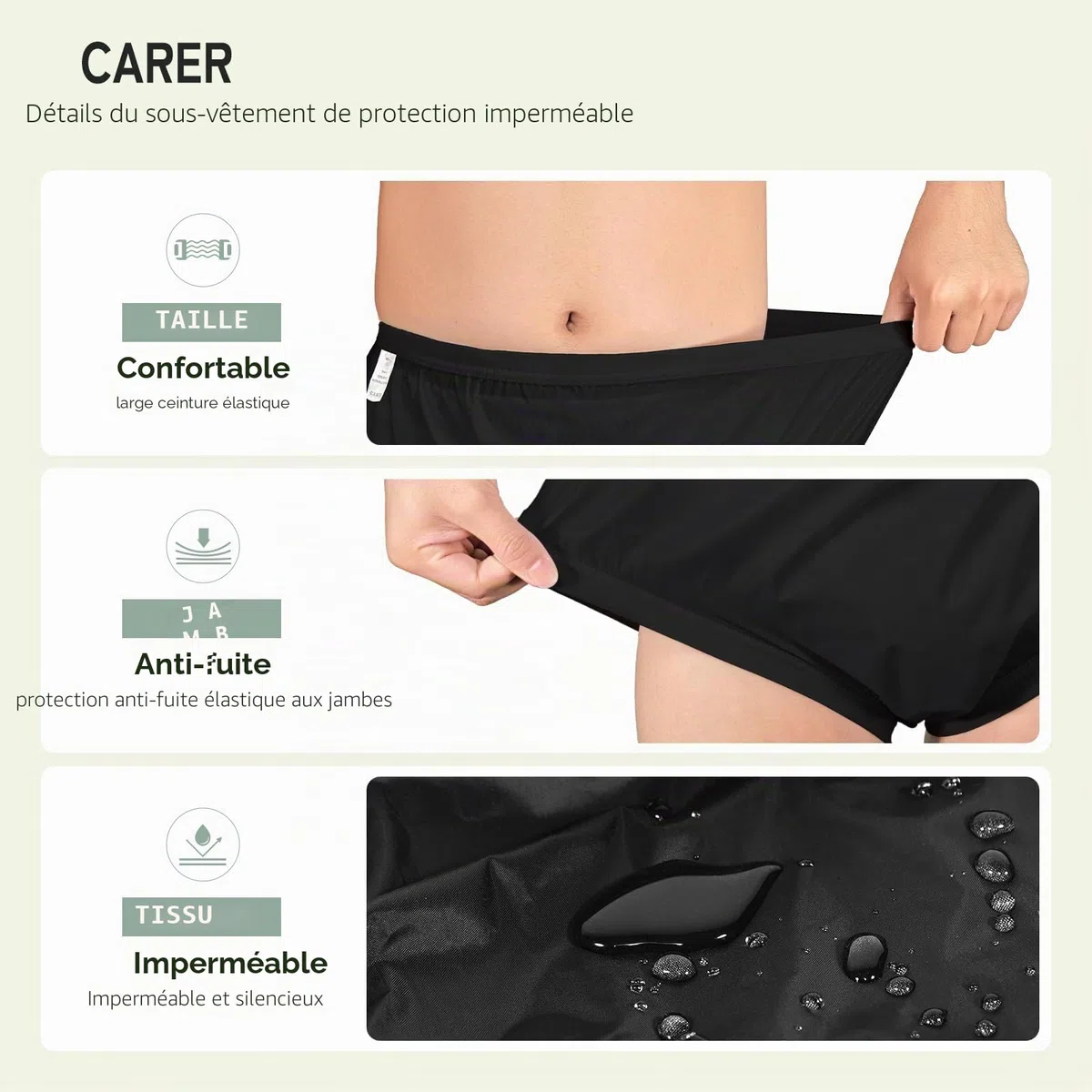 Carer 2 Pièces Couvre-Couches pour Adultes pour Incontinence Sous-Vêtements Imperméables Antifuites Lavables Réutilisables Unisexes Noirs Taille M