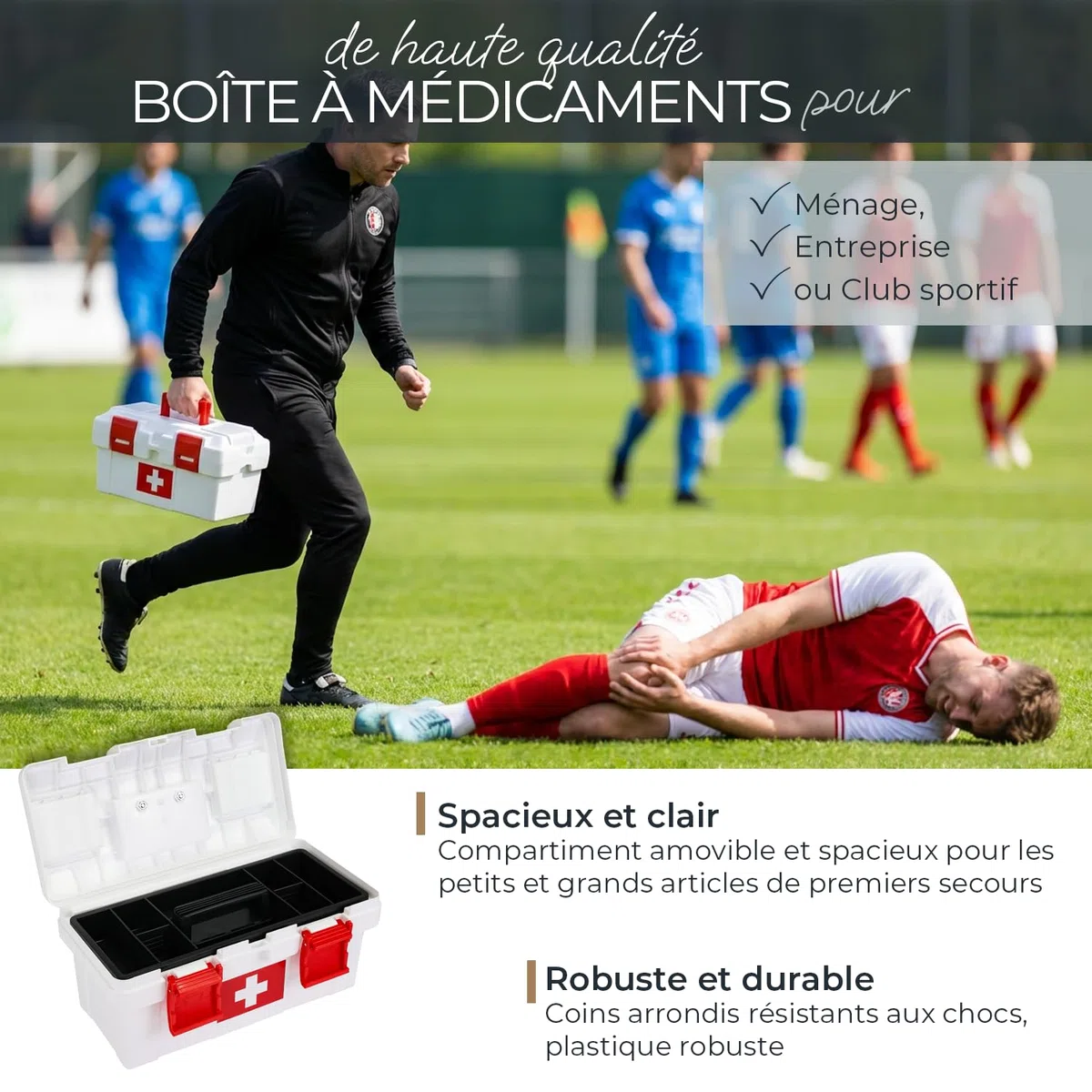 HMF Boîte à pharmacie vide pour les premiers secours pour club de sport, entreprise ou maison | 37 x 20 x 18,5 cm | Blanc/rouge