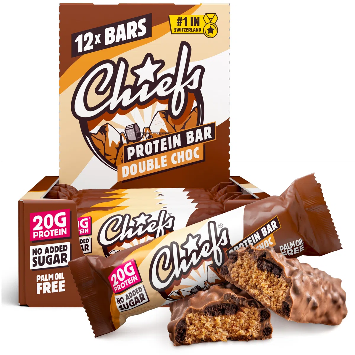 Chiefs Protein Bar (Double Choc) • Barre protéinée premium avec 20g de protéines & 201 kcal par barre • Sans sucre ajouté • Barre protéinée low sugar • Goût de chocolat • Pack de 12 (12 x 55g)