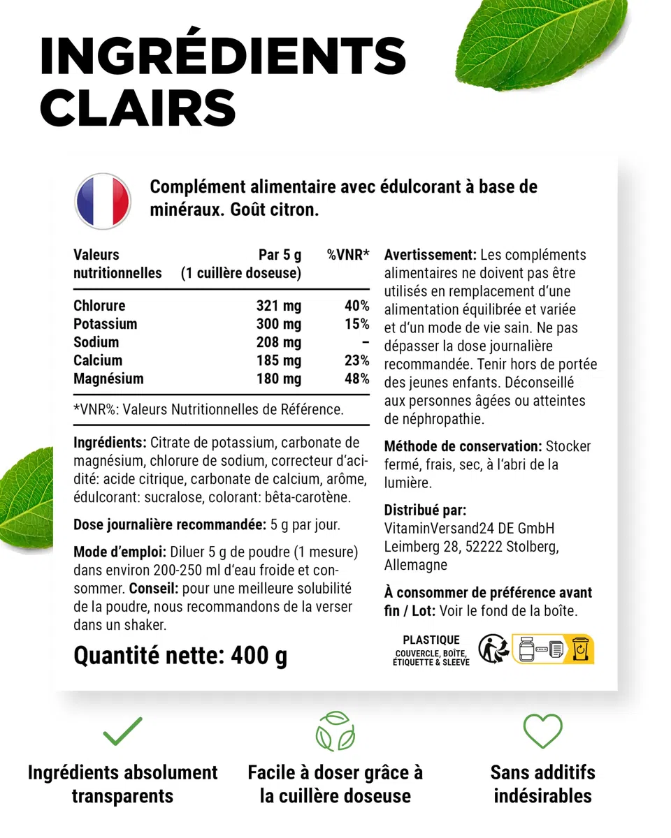Electrolytes - 400 g (80 portions) - Formule d'hydratation avec chlorure, potassium, sodium, calcium, magnésium - Parfait pour les sportifs en cas de déshydratation - Sans sucre - Vegan - Goût citron