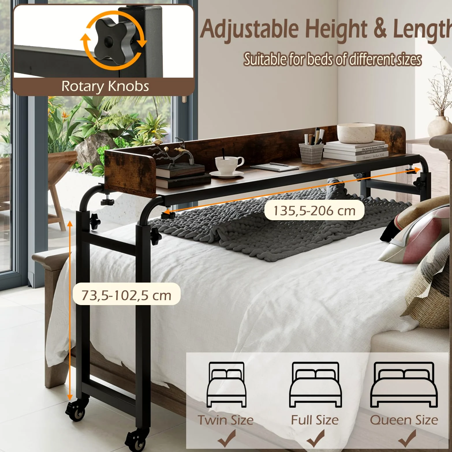 LIFEZEAL Table de lit à roulettes 117 x 35 cm, Table d'appoint pour Ordinateur Portable Polyvalente réglable, Bureau sur Le lit avec Hauteur et Largeur modifiables, Compatible avec Plusieurs Lits