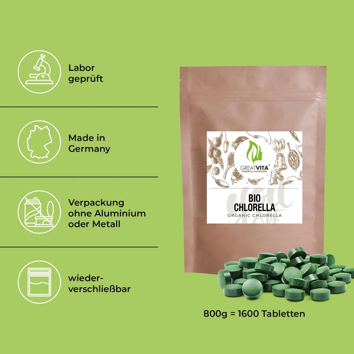 GreatVita Chlorella Bio Lot de 1 600 comprimés de chlorelle bio - 500 mg - 800 g - Sans additifs - Végétalien et durable - Riche en chlorophylle et caroténoïdes