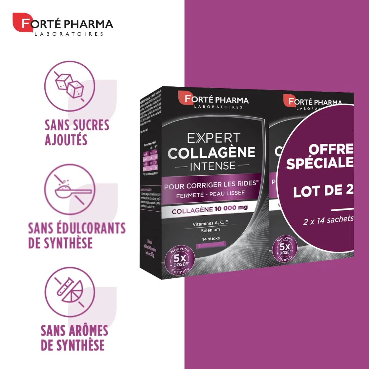 Forté Pharma - Expert Collagène Intense | Complément Alimentaire à base de Collagène - Rides et Fermeté de la Peau | Lot de 2x 14 sticks