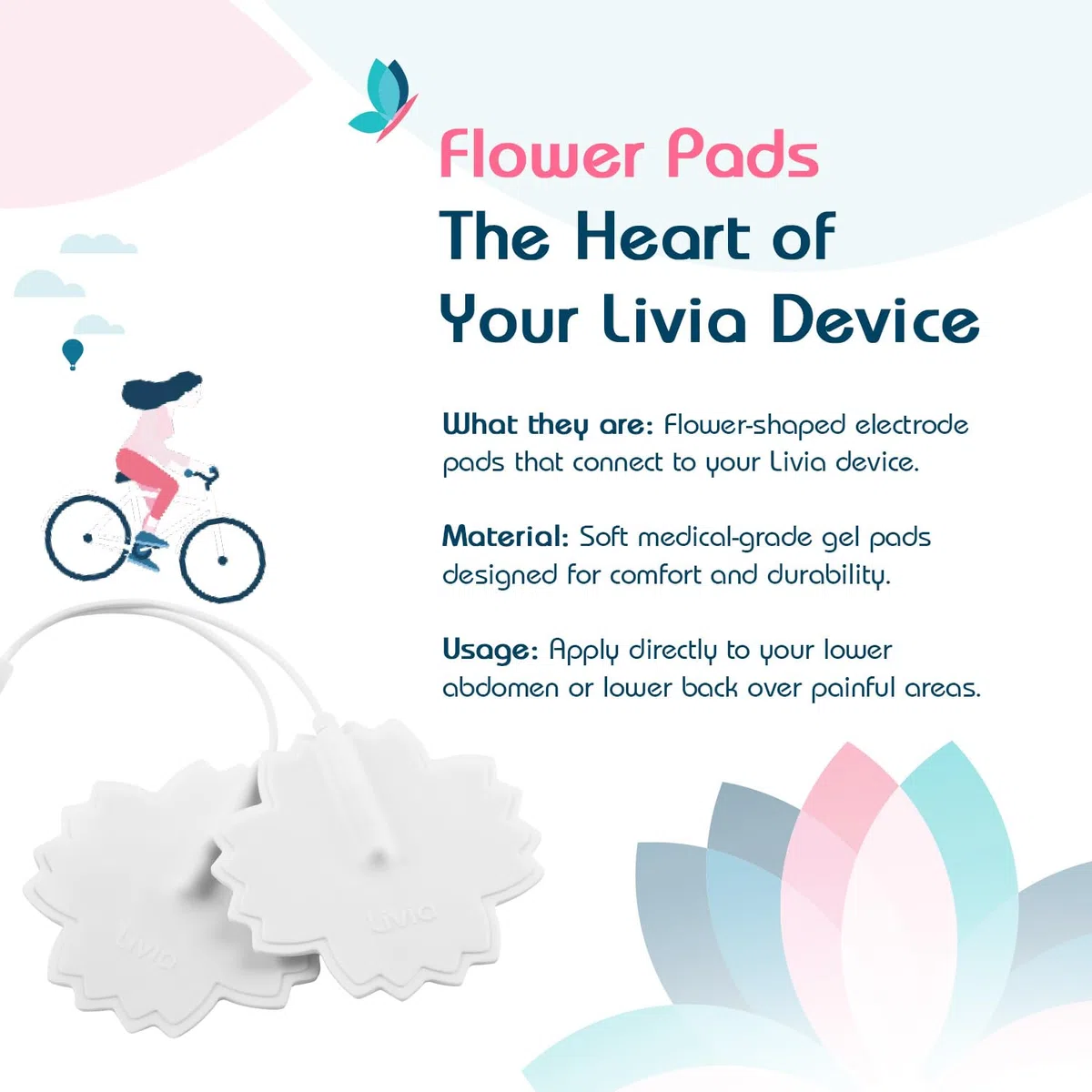 Livia Flower Pads| Le bouton stop pour les règles douloureuses| Soulagement des douleurs menstruelles et d'endométriose| sans médicament| Accessoire pour l'appareil Livia - 1 paire d'électrodes