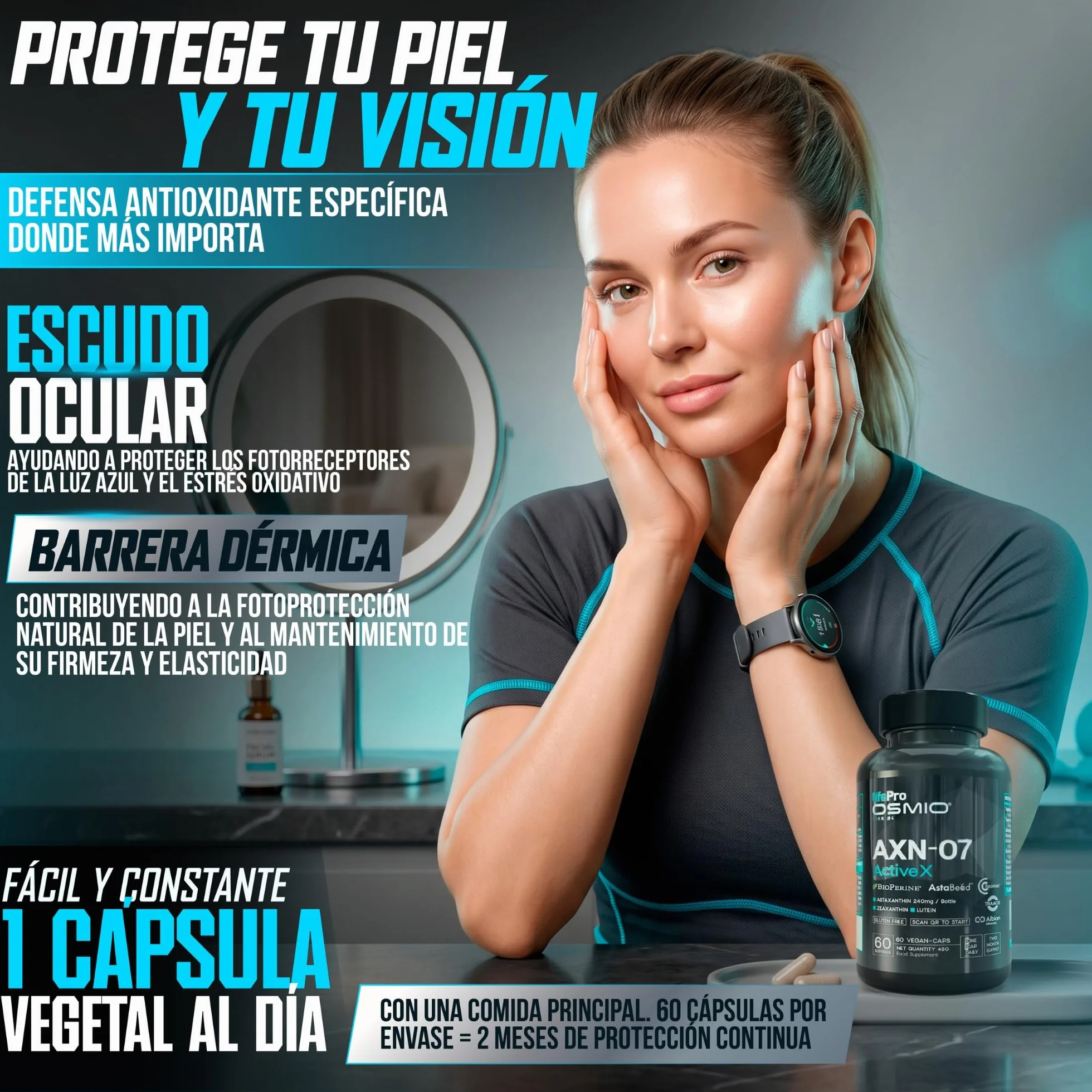 Life Pro Osmium Astaxanthin Axn-07-60 gélules végétaliennes - Complément d'astaxanthine avec lutéine, zéaxanthine, vitamines et minéraux pour un régime végétalien