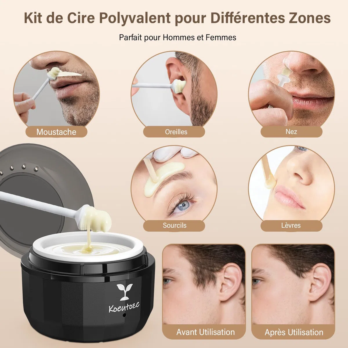 Cire Epilation Nez Kit pour Hommes et Femmes, Chauffe Cire epilation Visage avec 100g Perles de Cire, 5 Bâtonnets Nasaux et Oreilles, 10 Pochoirs Moustache, Chauffe USB & Température Stable