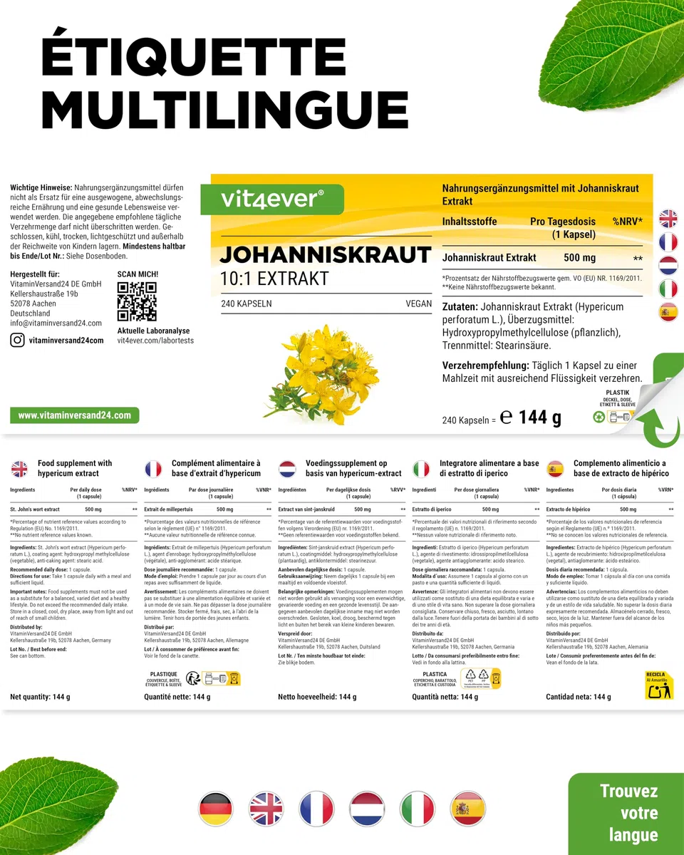 Millepertuis -240 capsules avec 500 mg d'Extrait fabriqué à partir de 5000 mg de Millepertuis pur - Extrait Naturel 10:1 - Hautement Dosé - Vegan